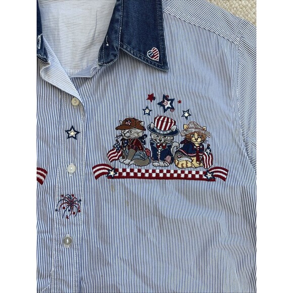 Quizz Cotton Embroidered Cats Shirt Women’s M Western Country Patriotic Y2K - Picture 3 of 4